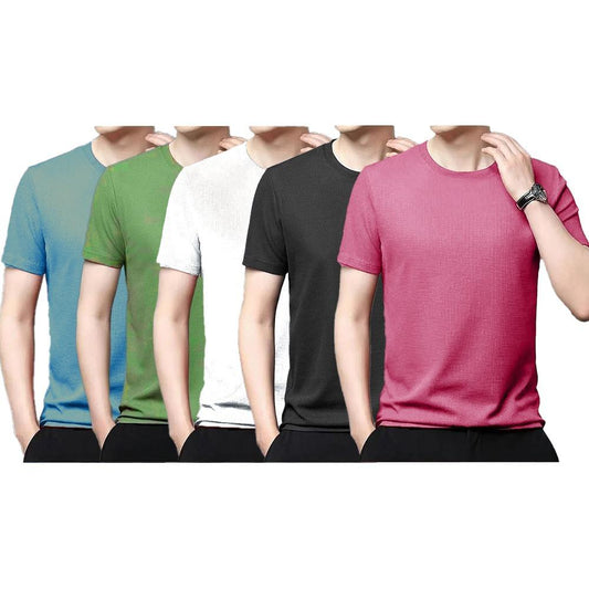 Polyester Stretchable Solid Half Sleeves Mens Round Neck (T-Shirt Pack Of 5)
